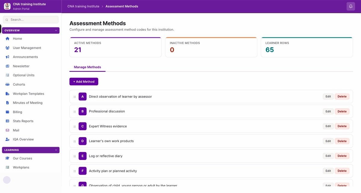 Assessment methods settings in the iTrainix admin portal