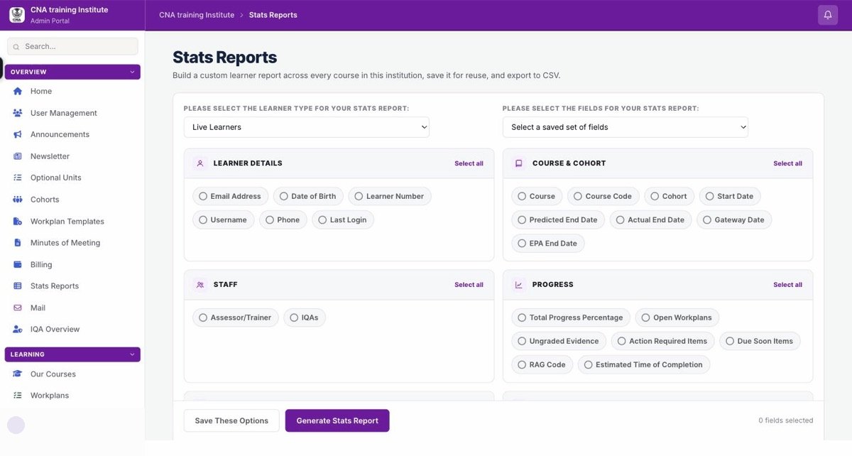 Custom stats report builder in the iTrainix admin portal