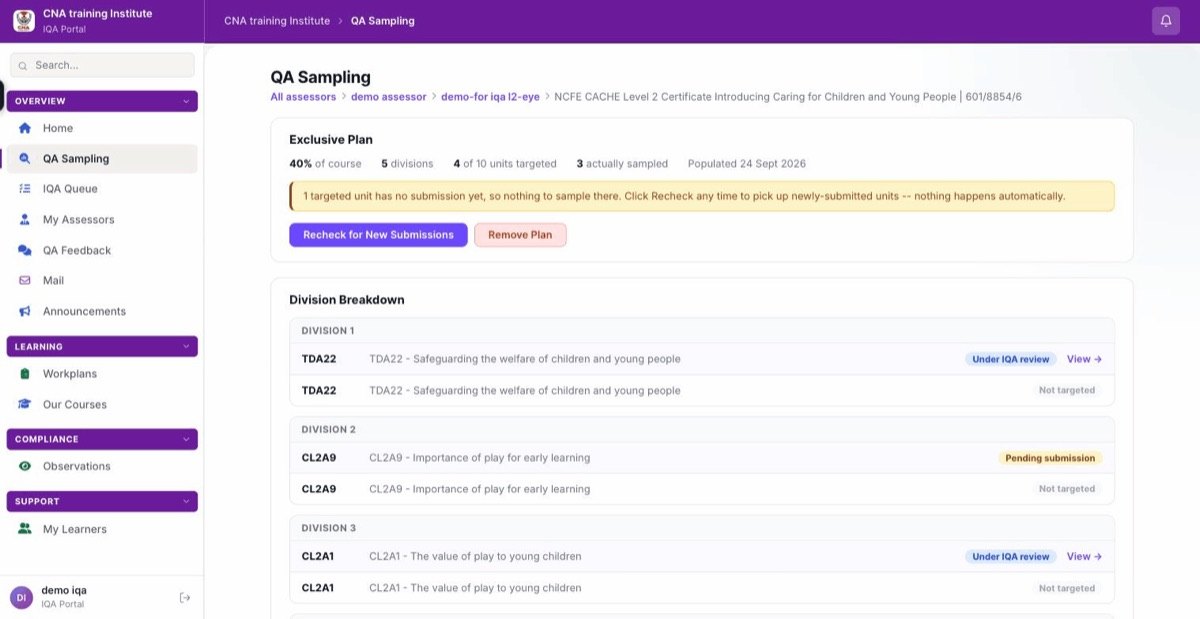 QA sampling plan in the iTrainix IQA portal